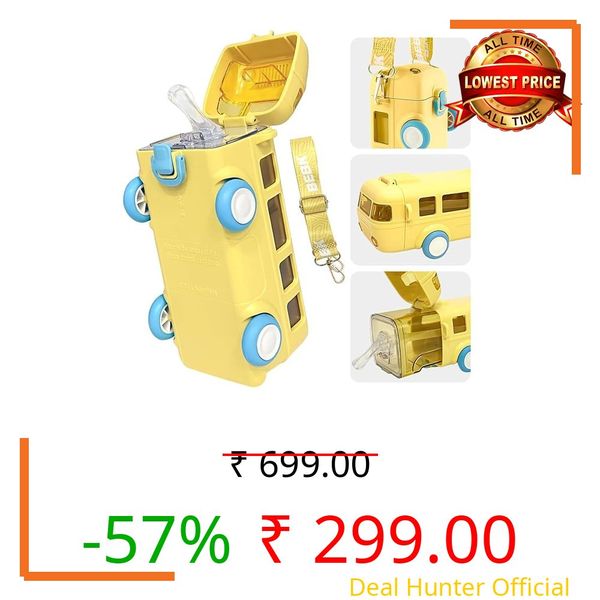 Urban Festivities Silicone Bus Shape Water Bottle For Kids With Strap Leak-Proof Cartoon Water Bottle With Wheels (Color-Yellow), 500 ML