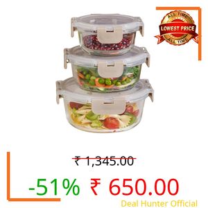 Nestasia Nestro Airtight Glass Containers with Lid Set of 3 (215ml, 400ml, 600ml) | Spill Proof Round Glass Containers with Break Free Lock - Microwave, Dishwasher & Freezer Safe (Beige)