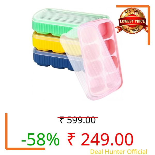 KASHIVAL Flexible Silicone 8 Cavity Ice Cube Tray with Lids Mold Trays for Freezer and Cocktails Easy Release Whiskey Fridge Bar Soft Ice Tray (4, Multicolor)