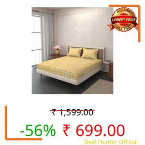 VOMZER Queen Size (60x78) 300 TC Soft Cotton Feel Microfiber All Around Elastic Fitted Queen Bedsheet with 2 Pillow Covers | Yellow Check