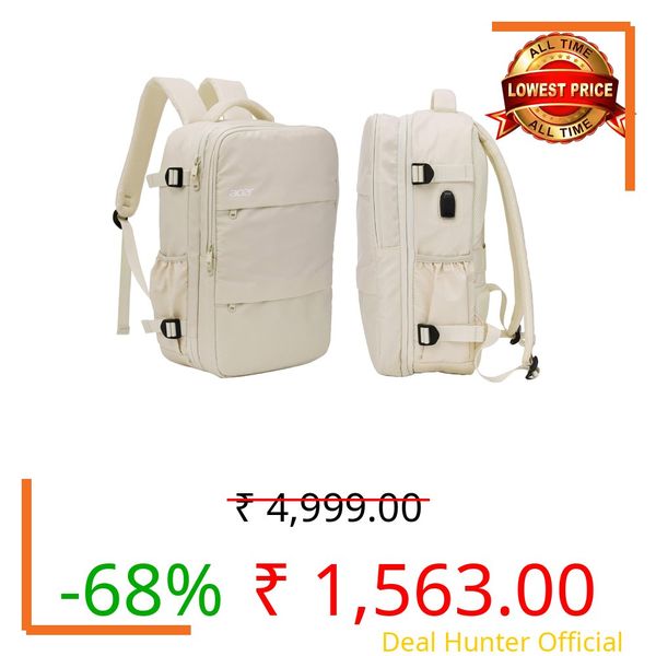 Acer Estilo Premium 15.6 Inch Beige Color Backpack I Water Resistent Polyester I Expandable, 2 Zipper Front Pocket, 2 More Compartment for Laptop and Other Accessories I USB Charging I Strolley Strap