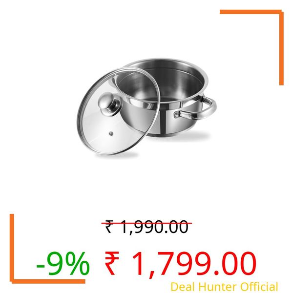 Vinod Two Tone Stainless Steel Saucepot with Glass Lid 8.7 Litre, 28cm (6.2mm Thick Base) | Triply Saucepot, Sturdy Riveted Handle | 2 Year Warranty | Induction Bottom - Silver