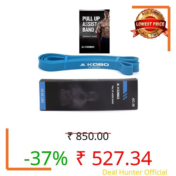 Kobo AC-39 Power Loop/Resistance Band Rubber Pull Up Assist Bands 41 Inch| Mobility & Body Stretching, Powerlifting, Resistance Training, Tension 25-65 LBS, (Blue) Workout Guide Booklet