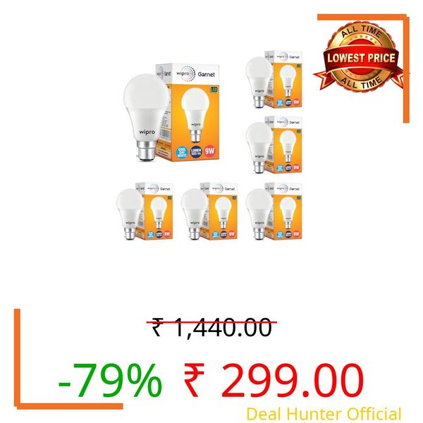 Wipro Garnet 9W LED Bulb for Home & Office |Cool Day White (6500K) | B22 Base|220 degree Light coverage |4Kv Surge Protection |400V High Voltage Protection |Energy Efficient | Pack of 6