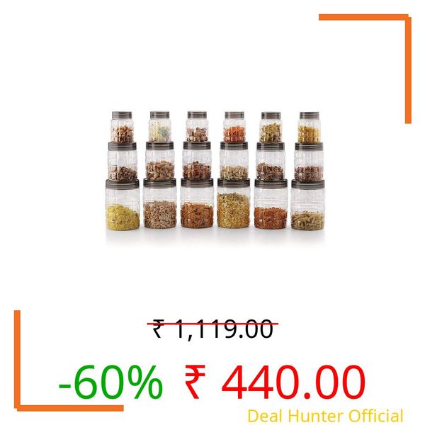 CELLO Checkers Kitchen Storage Container Box Set of 18 Pcs Brown (6x300ml, 6x650ml, 6x1200ml) | Transparent Unbreakable Fridge Safe Stackable Airtight Storage Canister Set For Spices Dry Fruits Grains