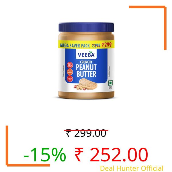 VEEBA Crunchy Peanut Butter| High Protein|Naturally Gluten Free|Vegan|Trans Fat Free|No Added Preservatives|No Added Colour&Flavour|Non Gmo|900G
