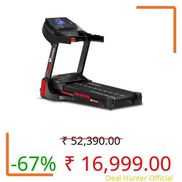 PowerMax Fitness TDM-98 4HP Foldable Motorized Manual Incline Treadmill for Home Use, 110kg Max User, Max Speed-10kmph, Preset programs, Heart Rate Sensors, AUX, Speaker, USB, LED Display,Black