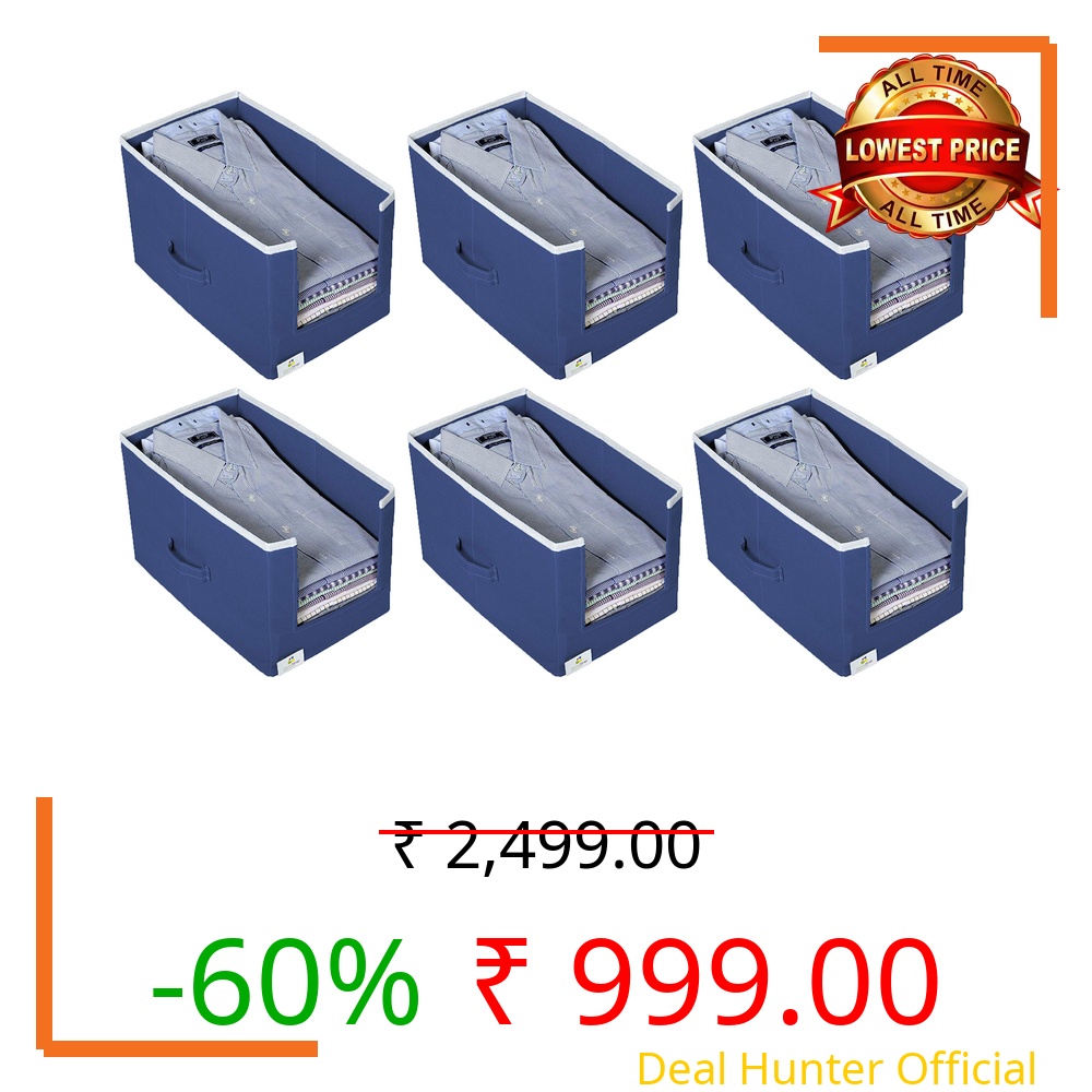 HomeStrap Non Woven Foldable Wooden Shirt Stacker/Cloth Storage Wardrobe/closet Organizer with Handle For T-shirts, Shirts & Clothes (Navy Blue) - Set of 6