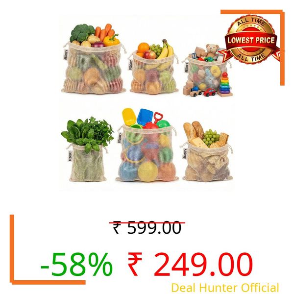 Beddify 100% Cotton Set of 6 Reusable Fridge Storage Bags for Vegetables Fruits Garland and Toys Cotton Net Bags Non-Toxic Eco-Friendly Dual Support Pull String Pouch