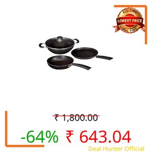 Amazon Brand - Solimo 3 Pcs Non Stick Cookware Set - Aluminium, Black