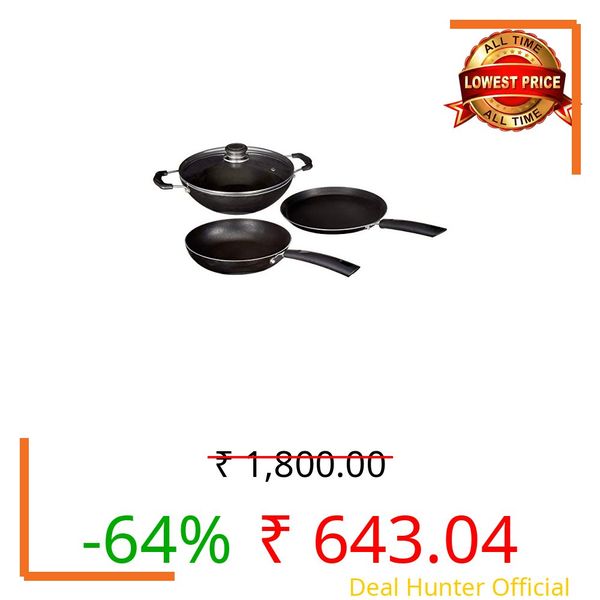Amazon Brand - Solimo 3 Pcs Non Stick Cookware Set - Aluminium, Black
