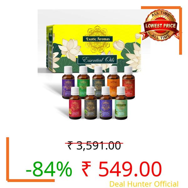 Exotic Aromas Essential Oil Lavender, Rose, Tea Tree, Jasmine, Ylang Ylang, Orange, Lemongrass, Peppermint, Rosemary, Pure & Natural (Pack of 9)