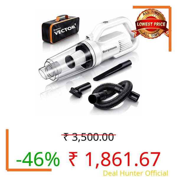 Bergmann Vector Cordless + Corded 2in1 Handheld Car & Home Vacuum Cleaner | 120W | 6000mAH Large Rechargeable Battery | HEPA Filter, 3 Attachments, Travel Bag | White