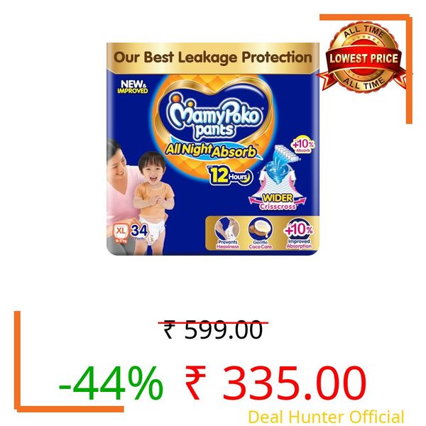 New Mamypoko Pants Premium All Night Absorb| Pant Style Baby Diapers X- Large Size(XL), 34 Count, Ideal for 12-17Kgs|1 Diaper= Upto All Night Absorption now with 10% increased power|Wider Crisscross Sheet|Gentle Coco Care| 12hr Leakage Protection| Prevents Heaviness.