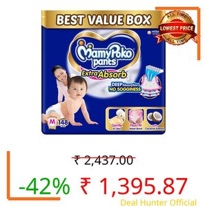 MamyPoko Pants Extra Absorb Baby Diapers, Medium (M size) | 7-12 kg | 148 Count |Deep Sleep Diapers| Soft gentle fit |Deep Absorbent Crisscross | skin friendly with coconut oil | (74 count, Pack of 2)