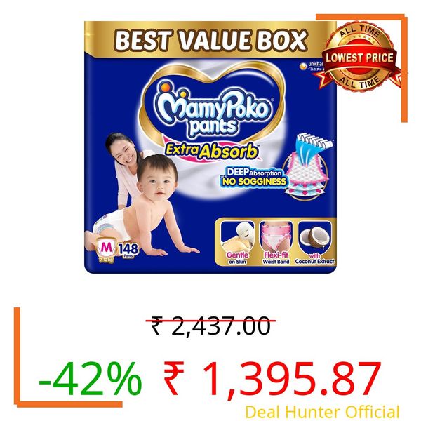 MamyPoko Pants Extra Absorb Baby Diapers, Medium (M size) | 7-12 kg | 148 Count |Deep Sleep Diapers| Soft gentle fit |Deep Absorbent Crisscross | skin friendly with coconut oil | (74 count, Pack of 2)
