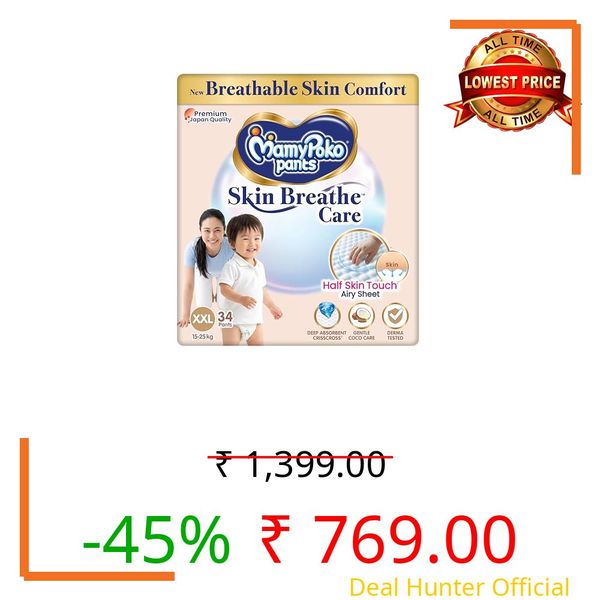 MamyPoko Pants Skin Breathe Care | Baby Diapers XXL Size (XXL) | 34 Count | 15-25Kgs | Half Skin Touch Airy Sheet | 3X Breathable | Derma Tested