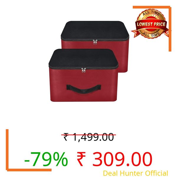 NISUN 2 Pack Nylon Wardrobe Bag Underbed Moisture Proof Cloth Storage Organizer, Storage box for Clothes Saree Bags with Zippered Closure & Handle(Red & Black, 38.1x25.4x35cm),Square