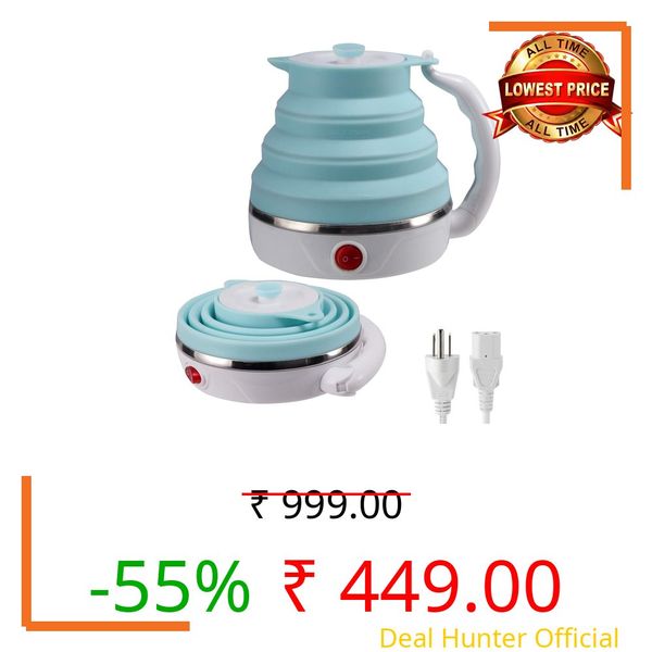 Travel Foldable Electric Kettle, Collapsible Electric Kettle Food Grade Silicone Small Pot Boiling water,Dual Voltage（600ml,110-220V US Plug） (Blue)