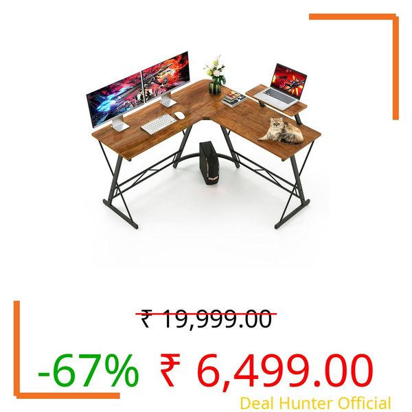 Mr Ironstone L Shaped Table, Computer Corner, Home Gaming Table, Office Writing Workstation with Large Monitor Stand, Space-Saving, Easy to Assemble, (Forest Dark. Black Metal Frame,Vintage)