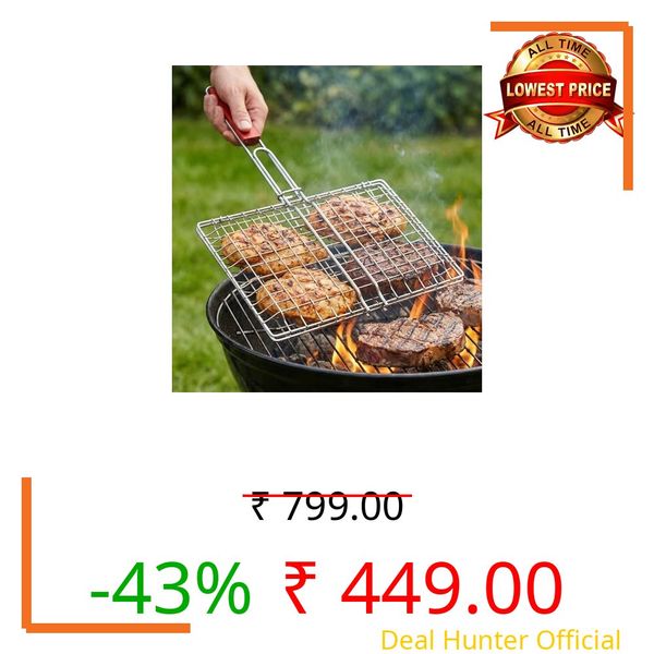 PANTH® Stainless Steel Portable Barbecue BBQ Grill Net Basket Roast Grilling Tray Plated with Wooden Handle Chromium Plated Stainless Steel Barbecue BBQ Grill Net Basket with Wooden Handle