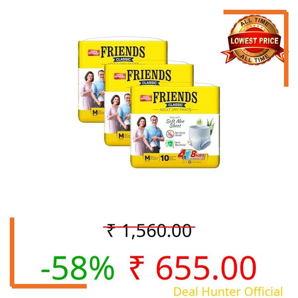 Friends Classic Adult Diaper M Size Pants | 30 Count (Medium) | Waist 25 – 48 inch | Aloe Vera | Unisex | Leakproof | Quick & Even Absorption | Long Protection hours | Brief-Like Fit | Odour Lock | Elastic Waist & Anti-Bacterial Absorbent Core