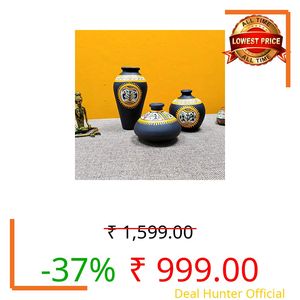 ARTYSTA BEAUTIFYING LIVES Earthenware 'Tribal Fiesta' Black Handpainted Terracotta Oblong Flower Vase, Terracotta Decorative For Home Decor Earthen Flower Vases Pots For Home & Office (Set Of 3)