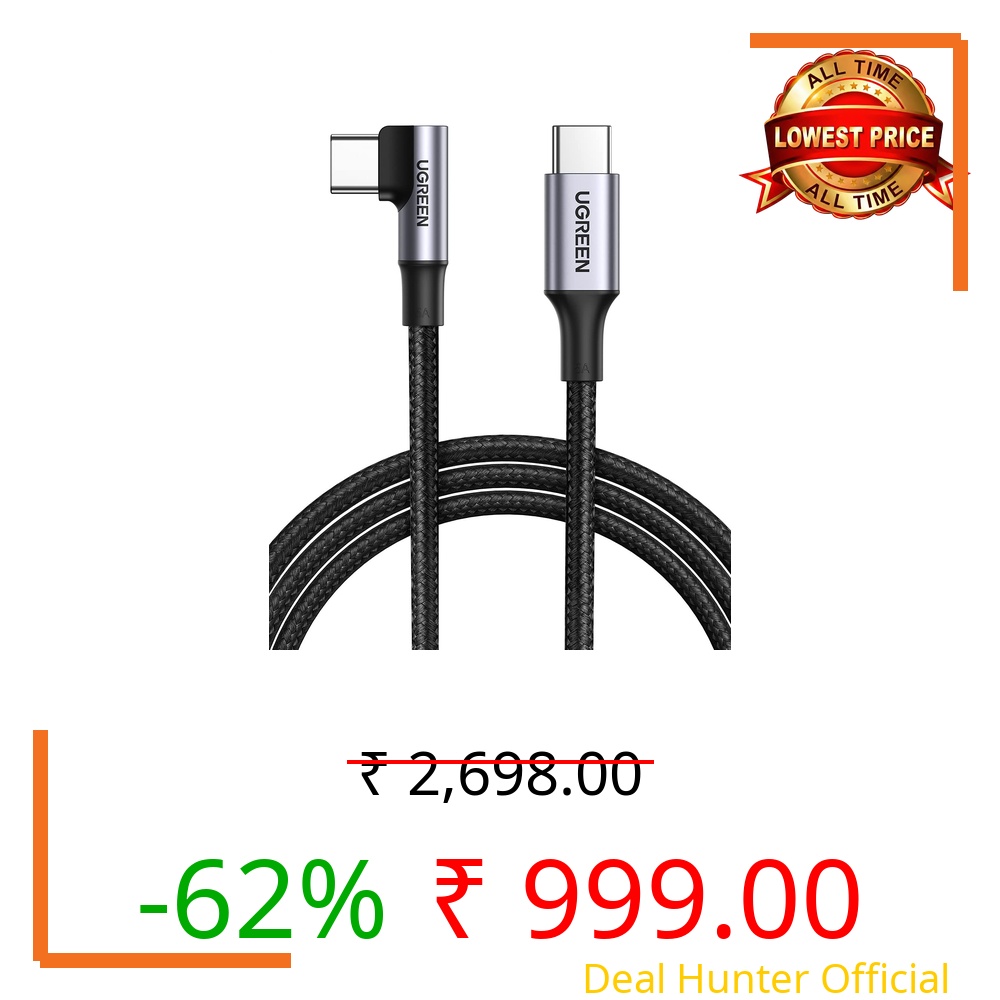 UGREEN 100W USB C to USB C Cable Right Angle, PD Charging Cord, 480Mbps Data Transfer, for iPhone 16, MacBook Pro, iPad Pro 2024, Matebook, Chromebook, Pixel, Galaxy S25, Dell XPS, Switch, 0.5M, Black
