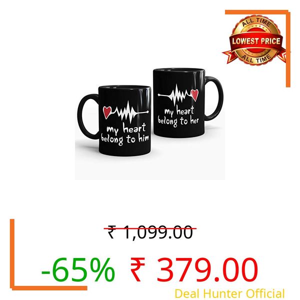 Gift Arcadia Ceramic Heart Belongs to Her & Him Coffee Mug - 2 Pieces, Black, 330ml (A085)