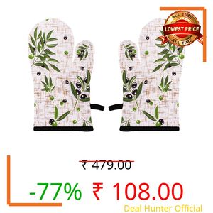 Airwill 100% Heat Resistance, Floral Designed Kitchen Oven Mitts (Gloves) (Green, Black, Pack of 2)