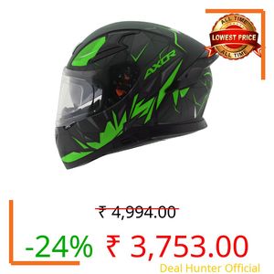 Axor Apex Hunter ISI ECE DOT Certified Full Face Dual Visor Helmet For Men And Women With Pinlock Fitted Outer Clear Visor And Inner Smoke Sun Visor Dull Black Neon Green Helmet-M