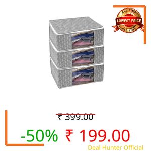 Homestrap Set of 3 Non-Woven Printed Saree Cover/Cloth Storage/Wardrobe Organizer with Transparent Window (Grey)(Featured on Shark Tank) 45cmx33cmx22cm