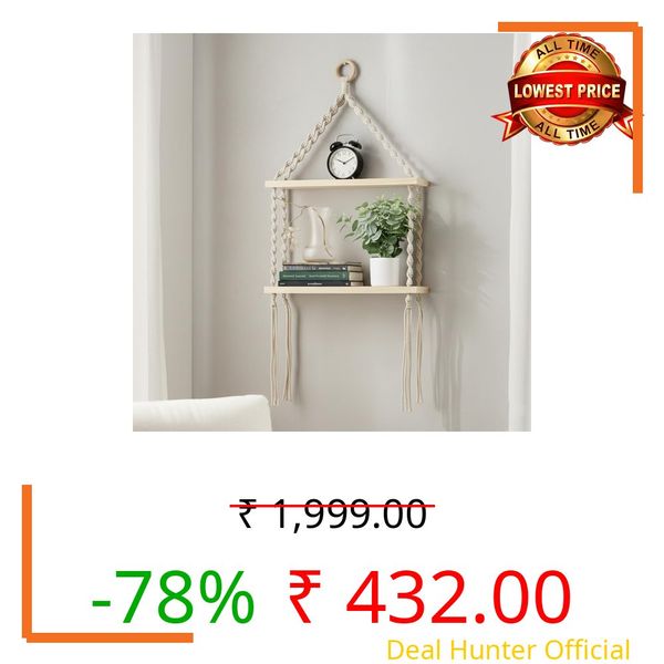 Decazone Macrame Wall Hanging Shelf Bohemian Designs Home Decor Pine Wooden Shelves and Cotton Cord (Bohemian)