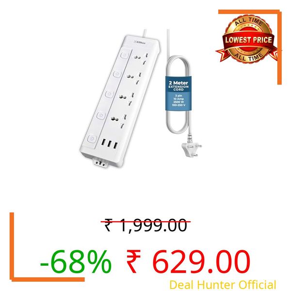 EMBOX Extension Board with USB (2.4 A)| Extension Board with Switches Spike Guard | 6 amp Universal Sockets, LED Indicator 2500W, 2 Meter Extension Cord