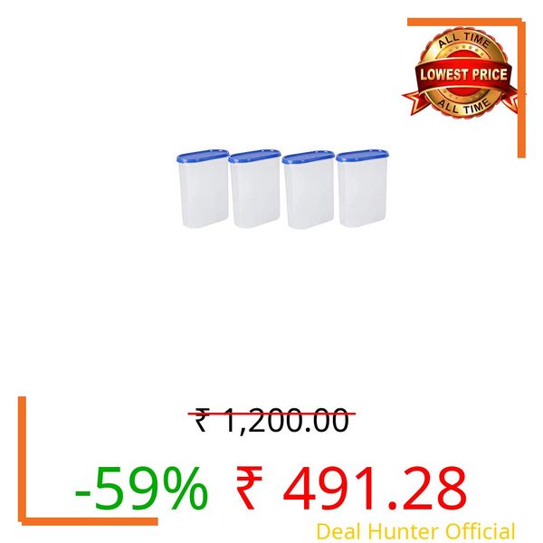SIMPARTE 2400ml Oval Modular Plastic Container Set of 4 BPA-Free Airtight Stackable Kitchen Storage Boxes with Blue Lids Food Grade Organizer for Pantry Cereals Pulses Flour Snacks Grains Essentials