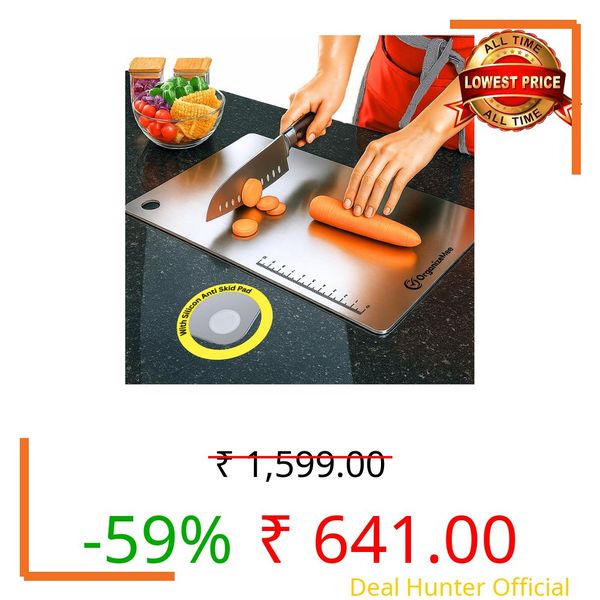 OrganizeMee Large Chopping Board Stainless Steel Metal Cutting Kitchen,Heavy Duty Choping-Board Vegetable, Meats vegitable Chopper Boards,Safe Durable with Anti-Skid Silicon Pad (Large)(36CM X 25CM)