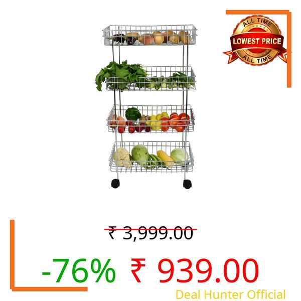 ZINBELL Four Layer Kitchen Trolly Multipurpose Stainless Steel Portable Storage Floor Standing Or Tabletop Rack|Trolley with Wheels for Kitchen Storage, Tiered Shelf, 4 Shelf Trolley