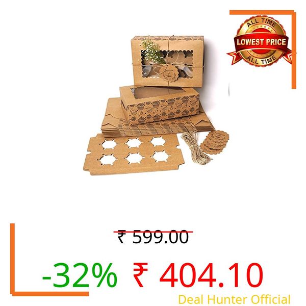 mudrit Cupcake Boxes with Insert Trays, Tags and Twine, Food Grade Kraft paper Cupcake Carrier with Window (10 pcs, 6 holder)