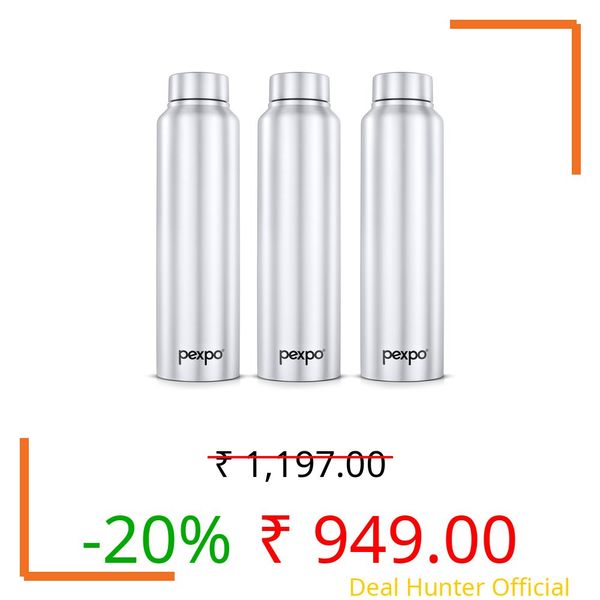 PEXPO Chromo 1000 ISI Certified Stainless Steel Sports/Fridge Water Bottle, 950ml, Silver, Pack of 3 | BPA Free | Water Bottle for Office, Gym, School, Yoga, Trekking, Men, Women and Kids