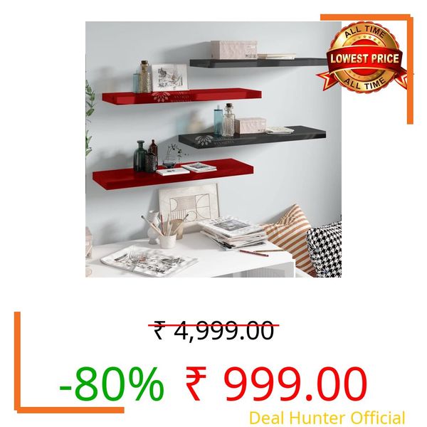 ANTICO WOODENIA® Wooden Floating Wall Shelf| Wall Mount| Wall Rack| Wall Bracket for Home and Office Decor | Big Mounted Cabinets (Large, Set of 4 Black and Red)