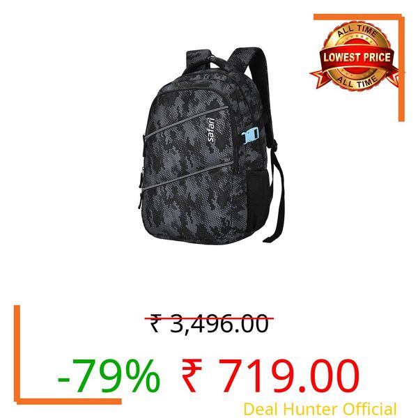 Safari Omega Plus Casual Laptop Backpack, 2 compartments, Raincover, Organizer, Full body print, Bottle holder, Front pockets Softline (Black)