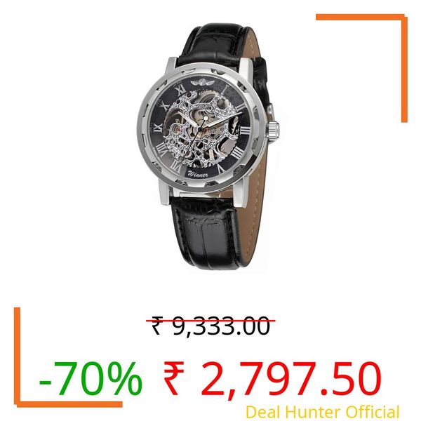 Weicam Analog Men's Boy's Fashion Mechanical Wristwatch Transparent Dial With Skeleton Design Leather Band Automatic Manual-Winding Black Watch