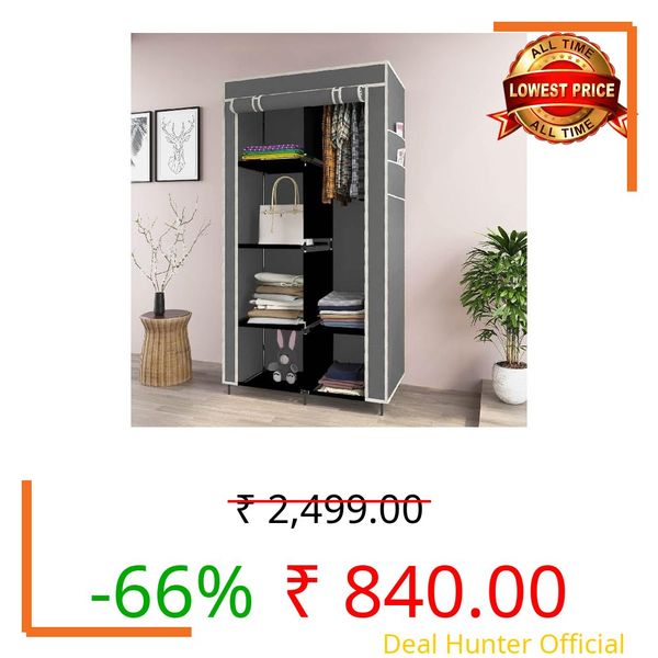 GTC® 4+2 Layer Collapsible Wardrobe for Clothes with Side Pocket 7800-1 (Non Woven Fabric, 84x42.5x166CM, Grey)