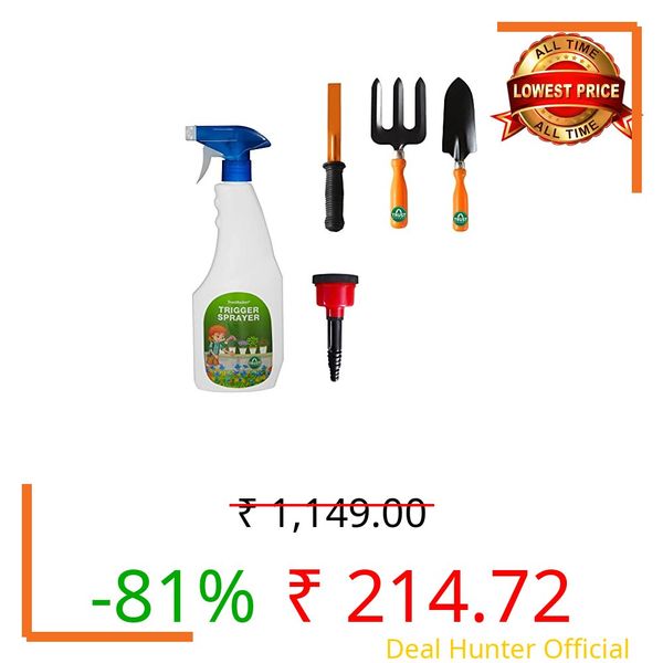TrustBasket 5 Pcs Durable Earth Angles Multi-Purpose Plant Care/Garden Tool kit for Home Garden | Trowel, Fork, Krupa, Shower Head, Trigger Sprayer