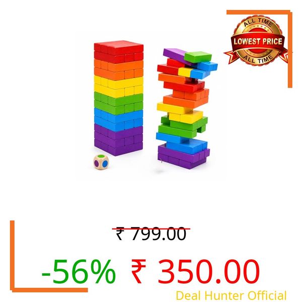 PLUSPOINT 48 Pcs Colorful Wooden Tumbling Tower Game – Stacking Building Blocks with Dice, Montessori Educational Balance & Party Game for Kids & Adults