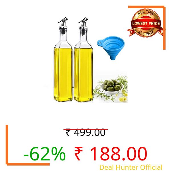 DCloud Hub Oil Dispenser 500 ml Bottle Set of 2 And Funnel Transparent, Pack of 3, Glass