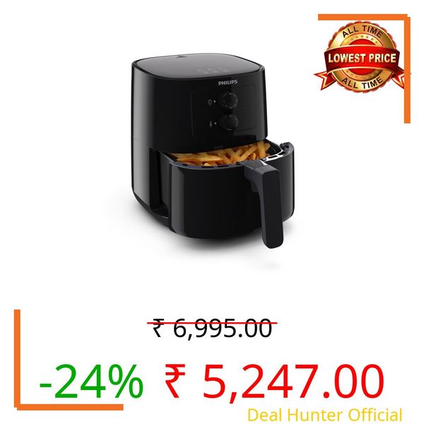 PHILIPS Air Fryer HD9200/90, uses up to 90% less fat, 1400W, 4.1 Liter, with Rapid Air Technology (Black), Large