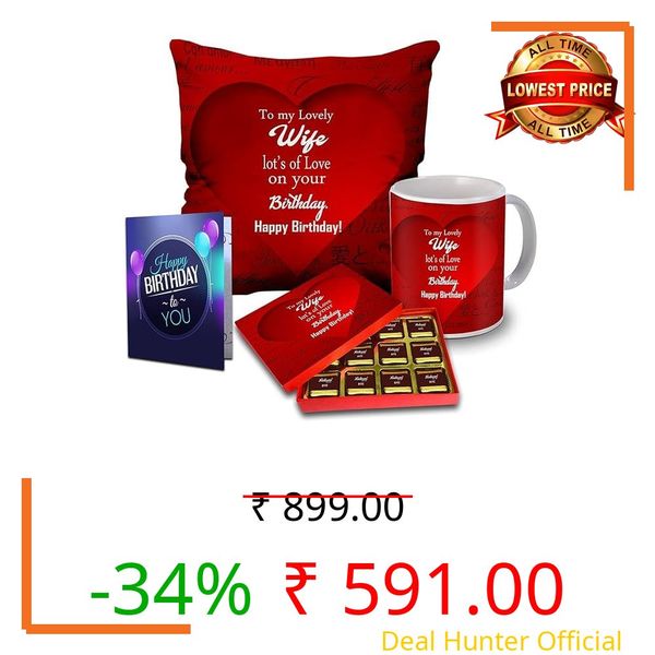 Midiron Romantic Birthday Gift For Wife |Chocolate Gift For Wife Birthday Special combo with 12x12" Cushion, Coffee Mug, Card
