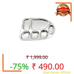 Devera Stainless Steel Dinner Plate/with Multi Shape Compartments, Silver, 6 in 1 Banana Leaf Shape Tray Compartment Thali Bhojan Divided Plate/Partition Thali/Partition Set of (1)