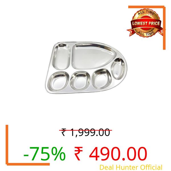 Devera Stainless Steel Dinner Plate/with Multi Shape Compartments, Silver, 6 in 1 Banana Leaf Shape Tray Compartment Thali Bhojan Divided Plate/Partition Thali/Partition Set of (1)